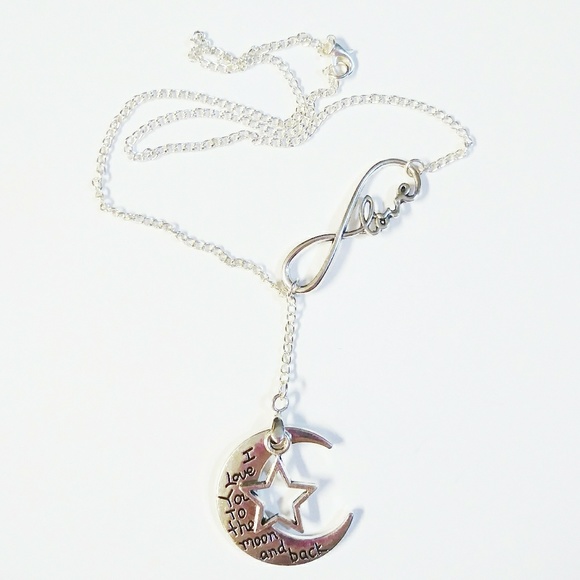 Silver Toned Love Moon Stars Infinity Necklace - Picture 3 of 4